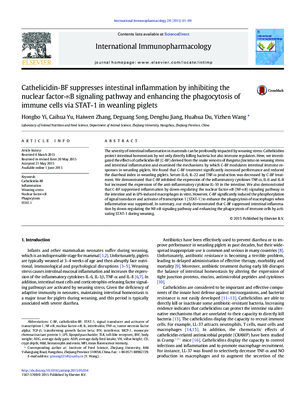 Cathelicidin-BF suppresses intestinal inflammation by inhibiting the nuclear factor-κB signaling pathway and enhancing the phagocytosis of immune cells via STAT-1 in weanling piglets