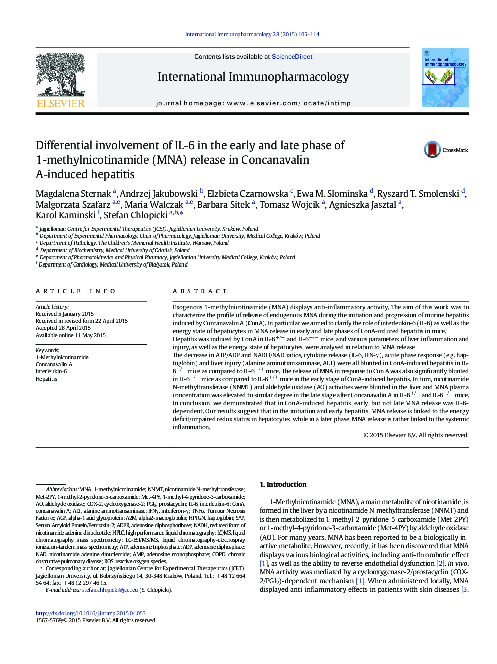 Differential involvement of IL-6 in the early and late phase of 1-methylnicotinamide (MNA) release in Concanavalin A-induced hepatitis