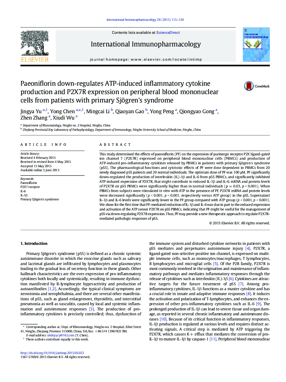 Paeoniflorin down-regulates ATP-induced inflammatory cytokine production and P2X7R expression on peripheral blood mononuclear cells from patients with primary Sjögren's syndrome