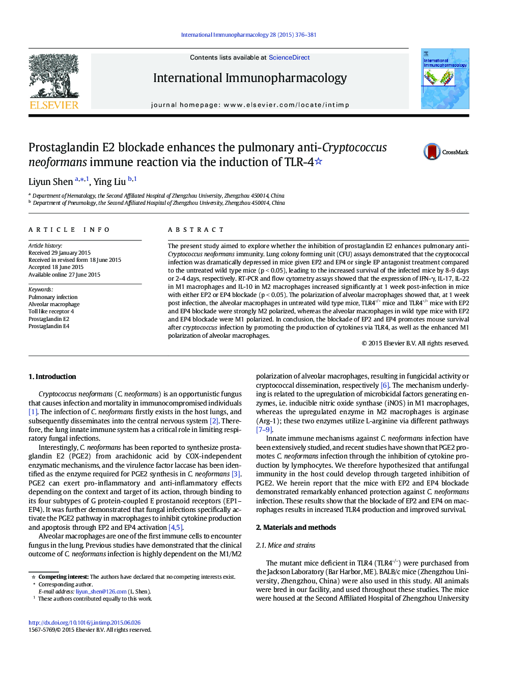 Prostaglandin E2 blockade enhances the pulmonary anti-Cryptococcus neoformans immune reaction via the induction of TLR-4 