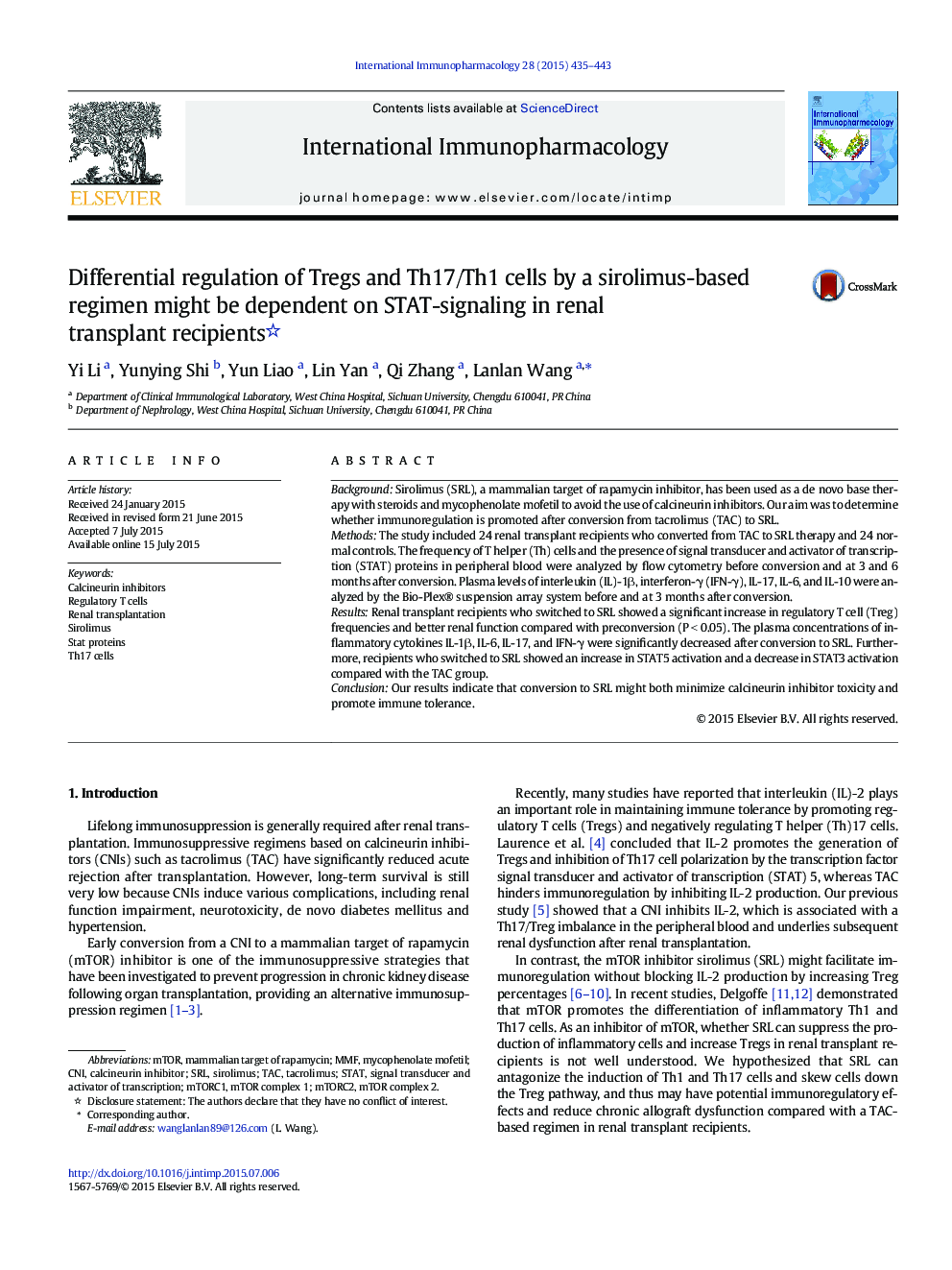 Differential regulation of Tregs and Th17/Th1 cells by a sirolimus-based regimen might be dependent on STAT-signaling in renal transplant recipients 