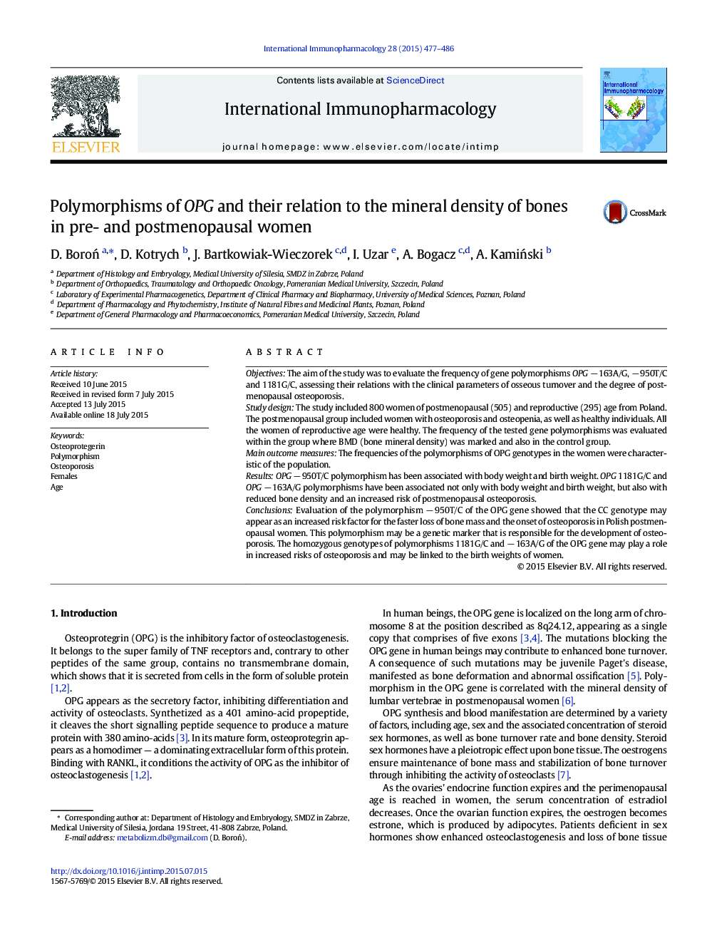 Polymorphisms of OPG and their relation to the mineral density of bones in pre- and postmenopausal women