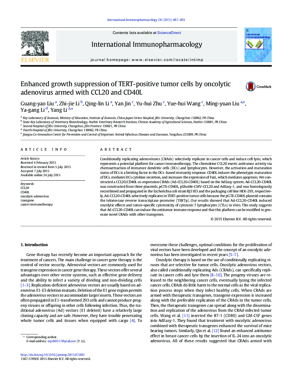 Enhanced growth suppression of TERT-positive tumor cells by oncolytic adenovirus armed with CCL20 and CD40L