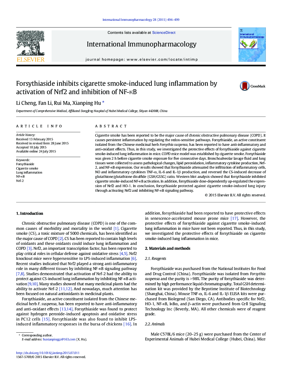 Forsythiaside inhibits cigarette smoke-induced lung inflammation by activation of Nrf2 and inhibition of NF-κB