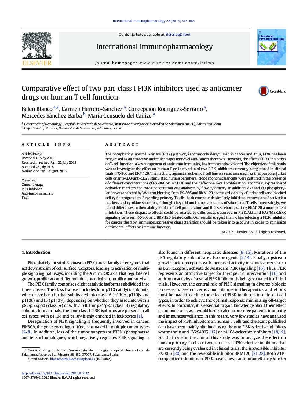 Comparative effect of two pan-class I PI3K inhibitors used as anticancer drugs on human T cell function