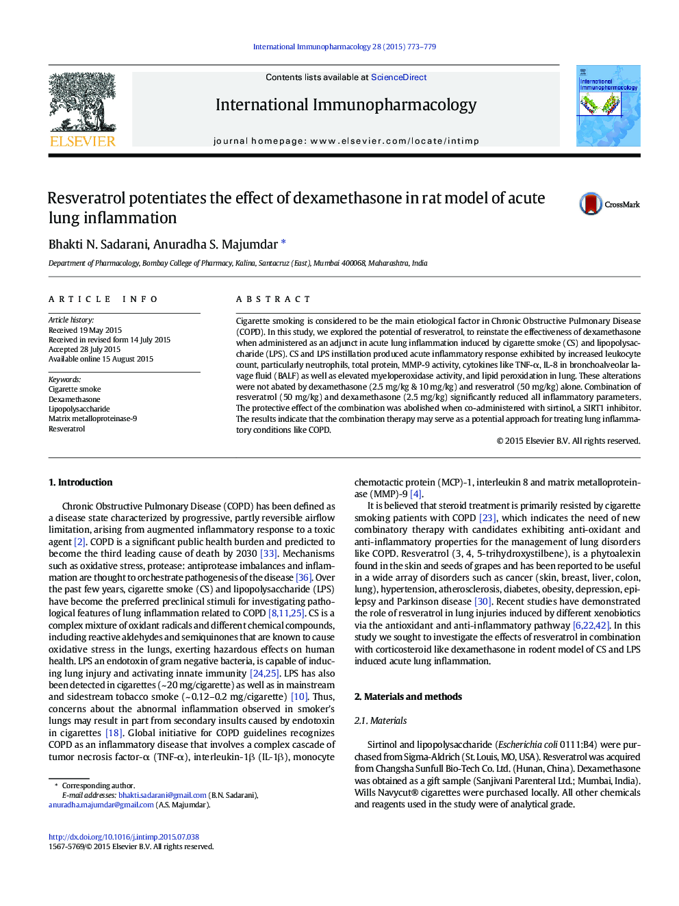 Resveratrol potentiates the effect of dexamethasone in rat model of acute lung inflammation