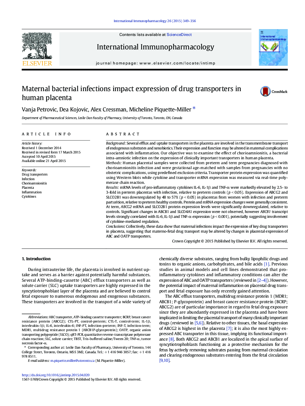 Maternal bacterial infections impact expression of drug transporters in human placenta