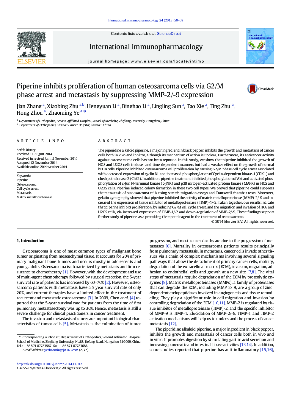 Piperine inhibits proliferation of human osteosarcoma cells via G2/M phase arrest and metastasis by suppressing MMP-2/-9 expression