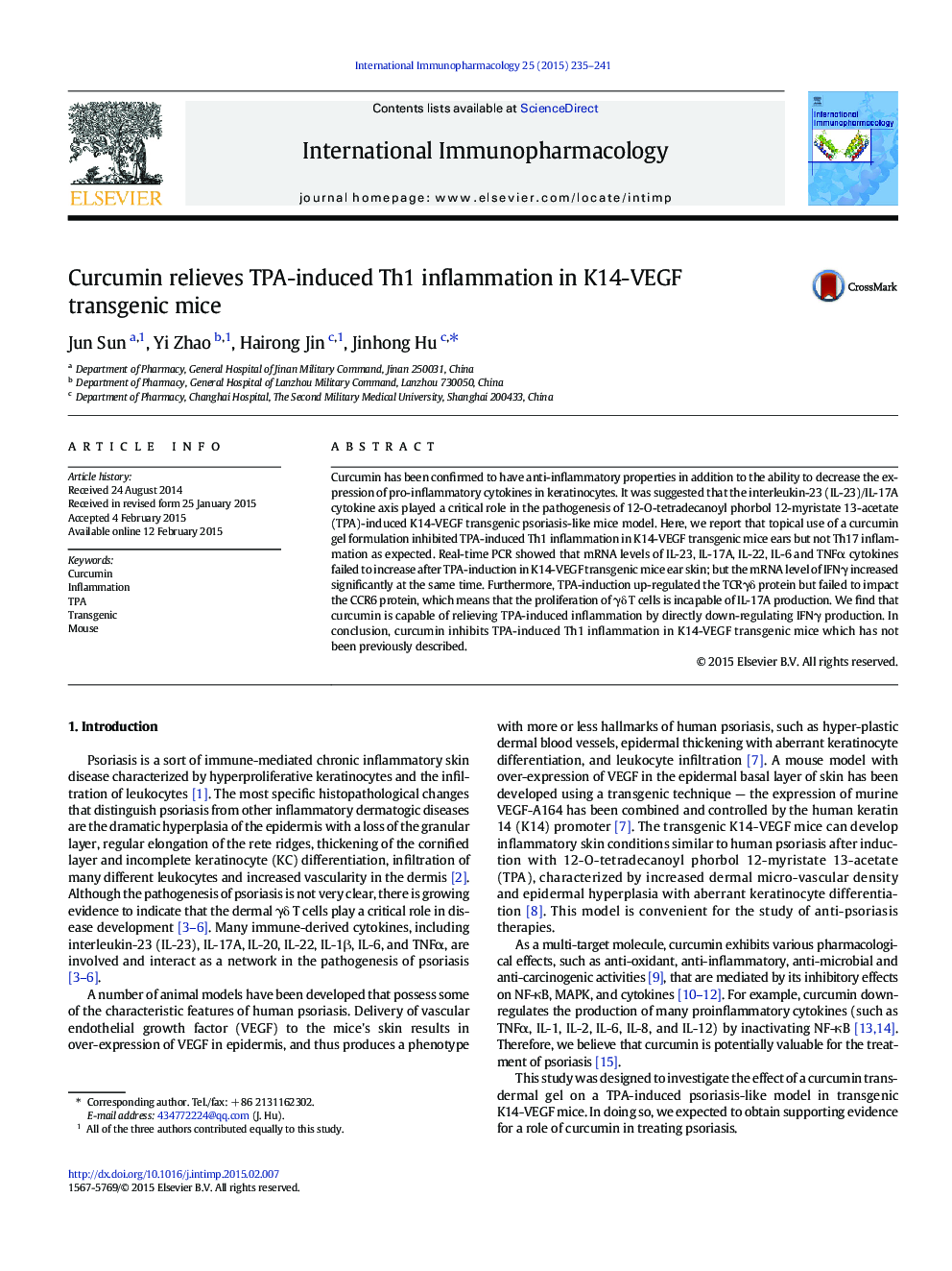 Curcumin relieves TPA-induced Th1 inflammation in K14-VEGF transgenic mice