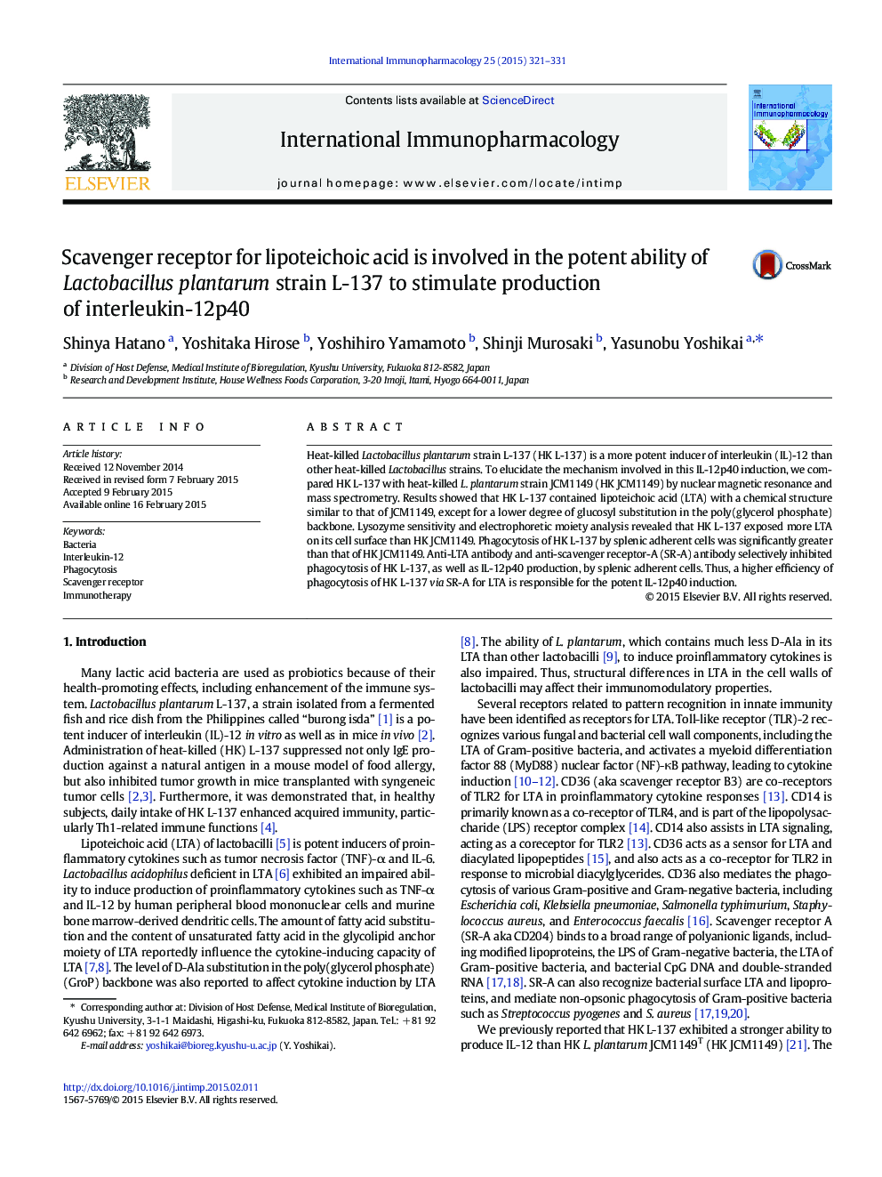 Scavenger receptor for lipoteichoic acid is involved in the potent ability of Lactobacillus plantarum strain L-137 to stimulate production of interleukin-12p40