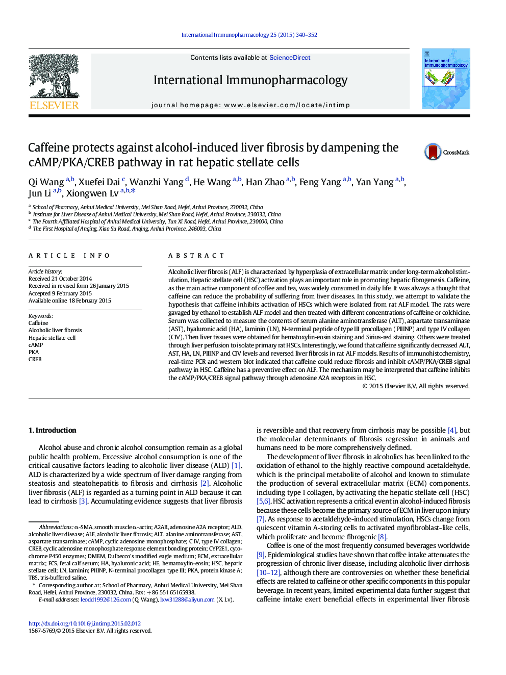 Caffeine protects against alcohol-induced liver fibrosis by dampening the cAMP/PKA/CREB pathway in rat hepatic stellate cells