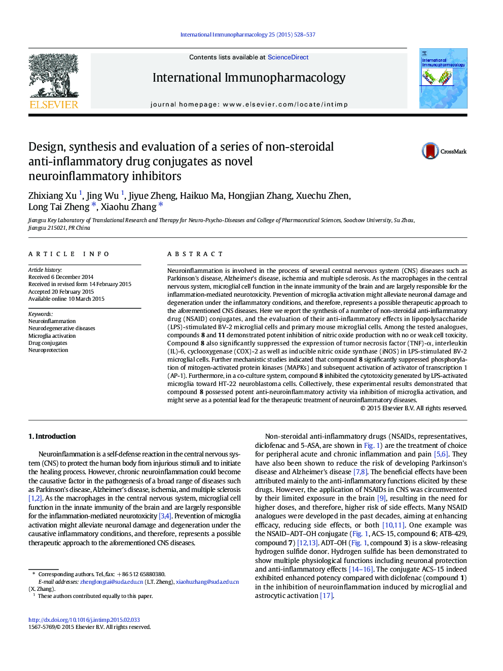 Design, synthesis and evaluation of a series of non-steroidal anti-inflammatory drug conjugates as novel neuroinflammatory inhibitors