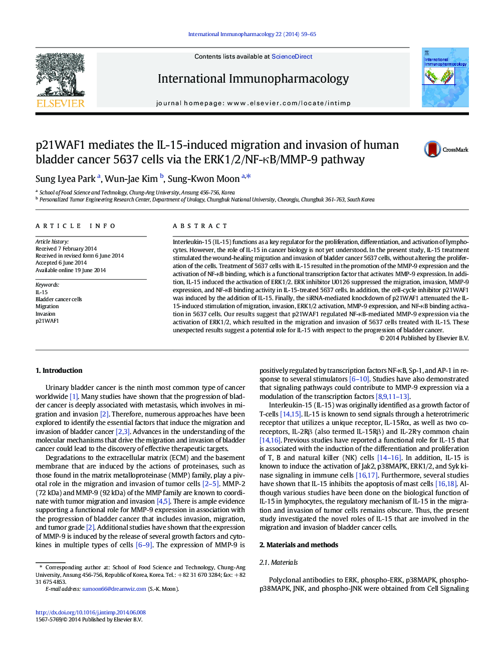 p21WAF1 mediates the IL-15-induced migration and invasion of human bladder cancer 5637 cells via the ERK1/2/NF-κB/MMP-9 pathway