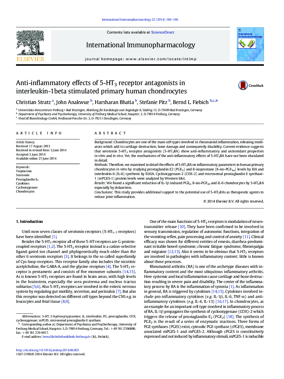 Anti-inflammatory effects of 5-HT3 receptor antagonists in interleukin-1beta stimulated primary human chondrocytes