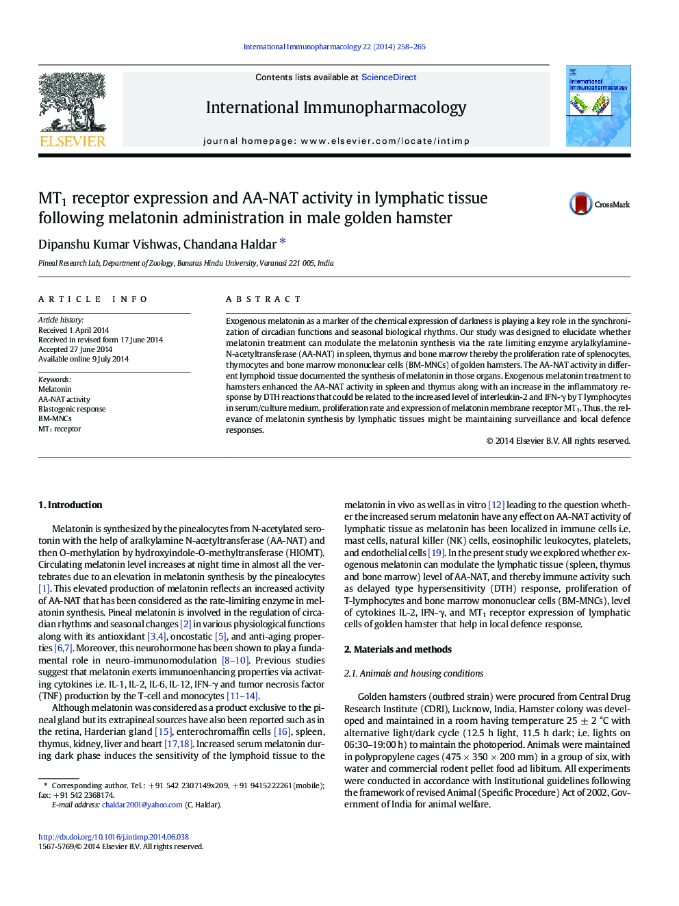 MT1 receptor expression and AA-NAT activity in lymphatic tissue following melatonin administration in male golden hamster