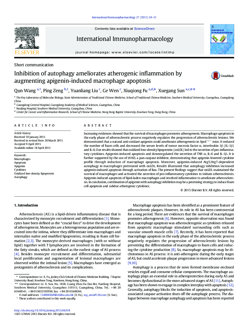 Inhibition of autophagy ameliorates atherogenic inflammation by augmenting apigenin-induced macrophage apoptosis