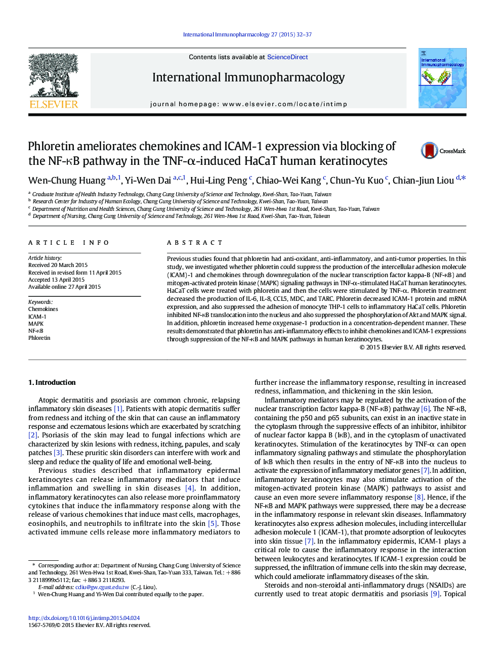 Phloretin ameliorates chemokines and ICAM-1 expression via blocking of the NF-κB pathway in the TNF-α-induced HaCaT human keratinocytes