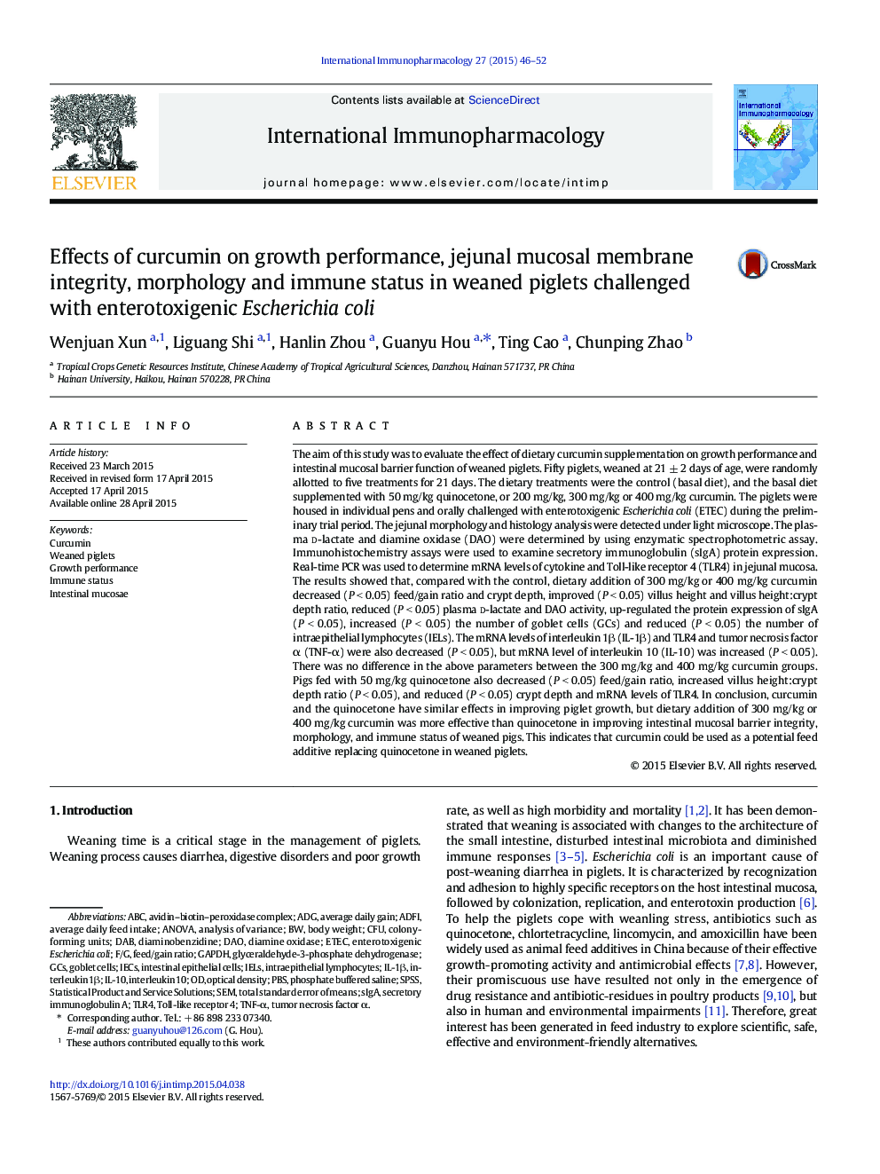 Effects of curcumin on growth performance, jejunal mucosal membrane integrity, morphology and immune status in weaned piglets challenged with enterotoxigenic Escherichia coli