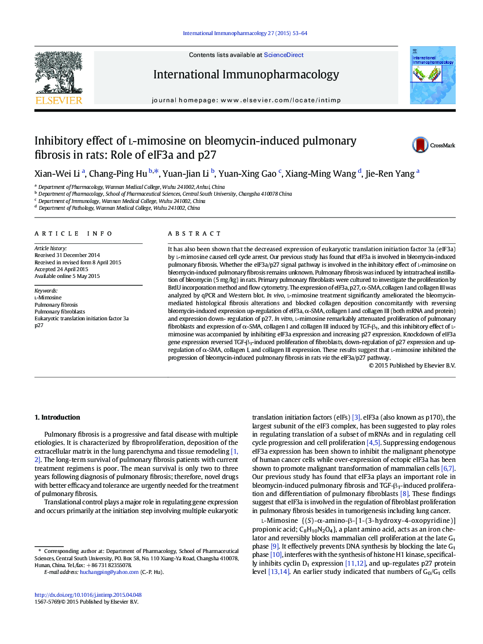 Inhibitory effect of l-mimosine on bleomycin-induced pulmonary fibrosis in rats: Role of eIF3a and p27