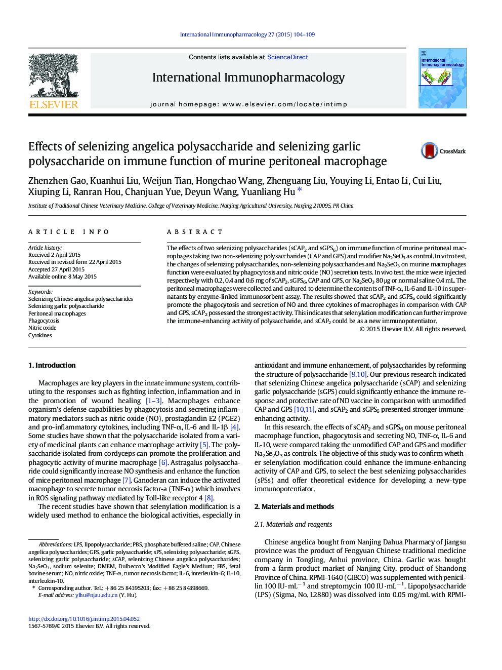 Effects of selenizing angelica polysaccharide and selenizing garlic polysaccharide on immune function of murine peritoneal macrophage