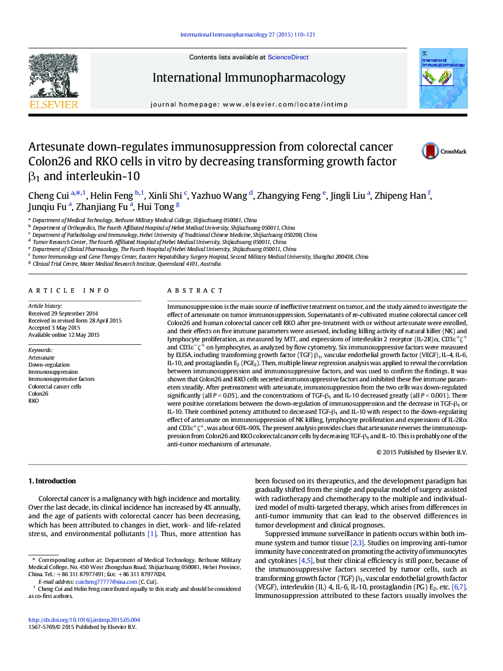 Artesunate down-regulates immunosuppression from colorectal cancer Colon26 and RKO cells in vitro by decreasing transforming growth factor β1 and interleukin-10