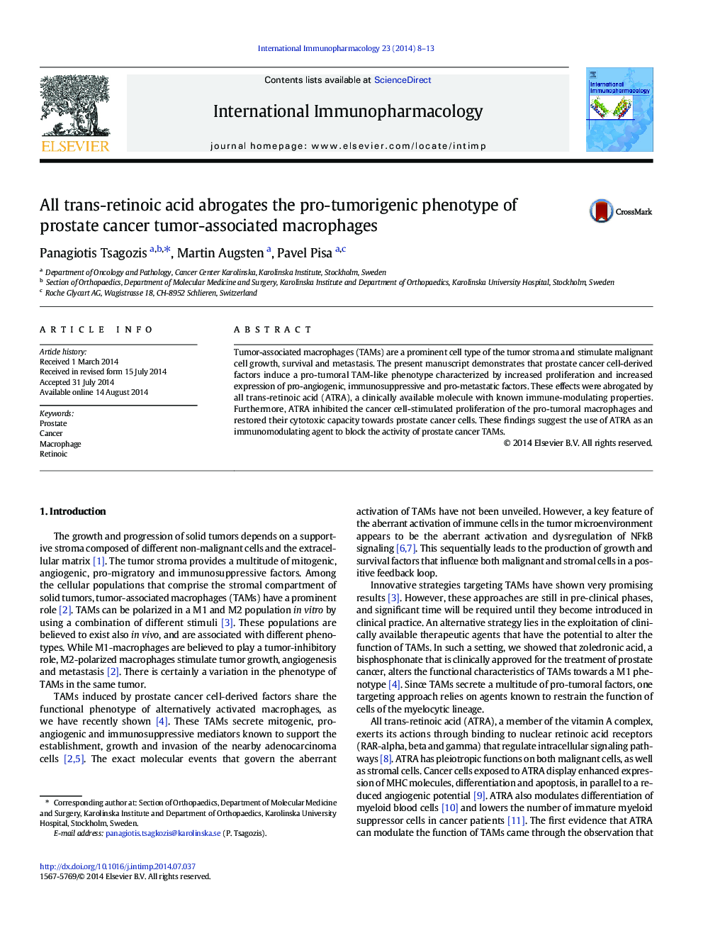 All trans-retinoic acid abrogates the pro-tumorigenic phenotype of prostate cancer tumor-associated macrophages