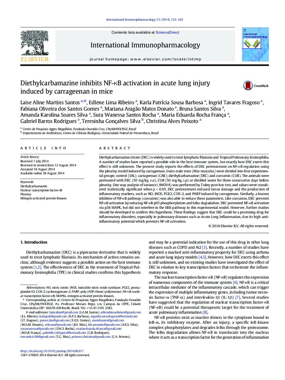 Diethylcarbamazine inhibits NF-κB activation in acute lung injury induced by carrageenan in mice