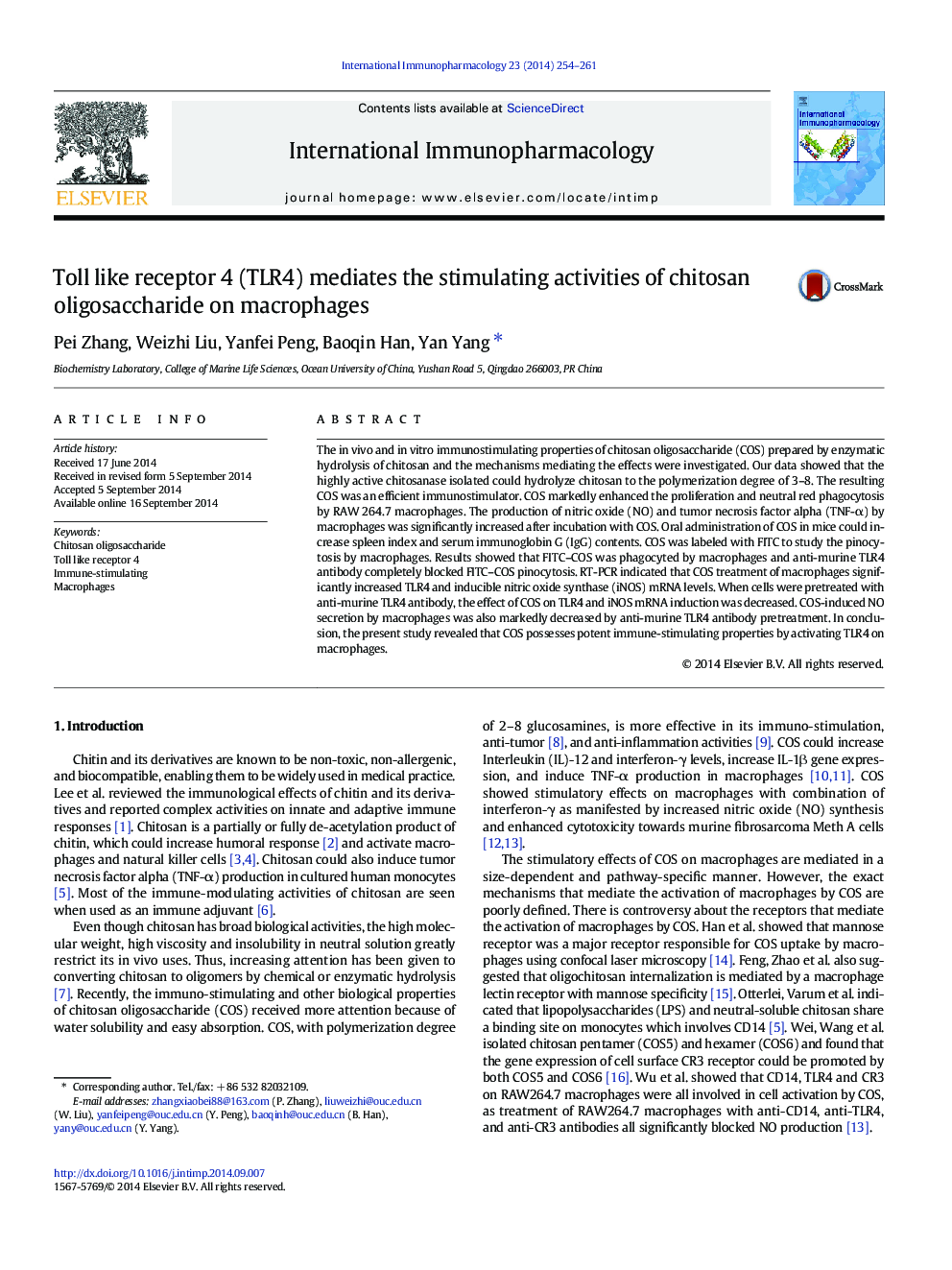 Toll like receptor 4 (TLR4) mediates the stimulating activities of chitosan oligosaccharide on macrophages