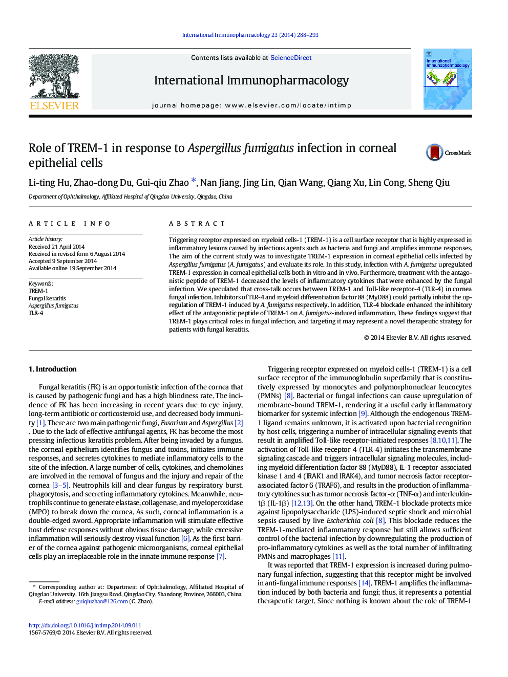 Role of TREM-1 in response to Aspergillus fumigatus infection in corneal epithelial cells