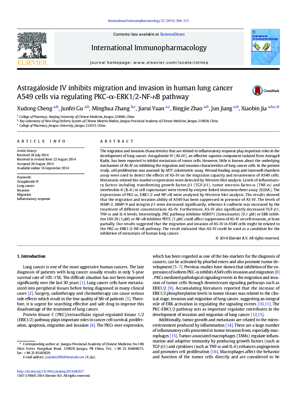 Astragaloside IV inhibits migration and invasion in human lung cancer A549 cells via regulating PKC-α-ERK1/2-NF-κB pathway