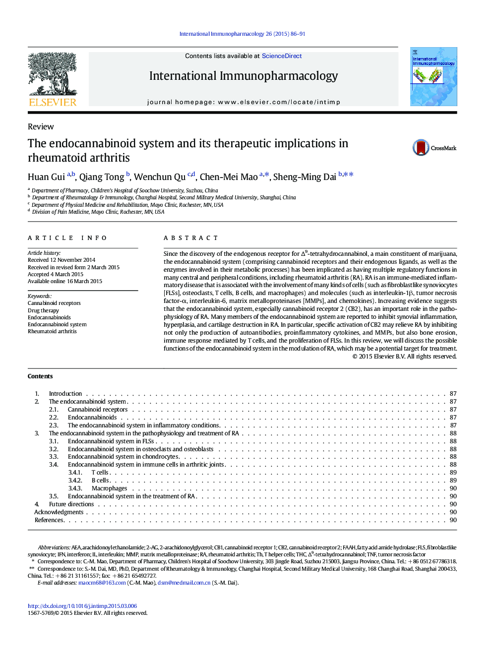 The endocannabinoid system and its therapeutic implications in rheumatoid arthritis