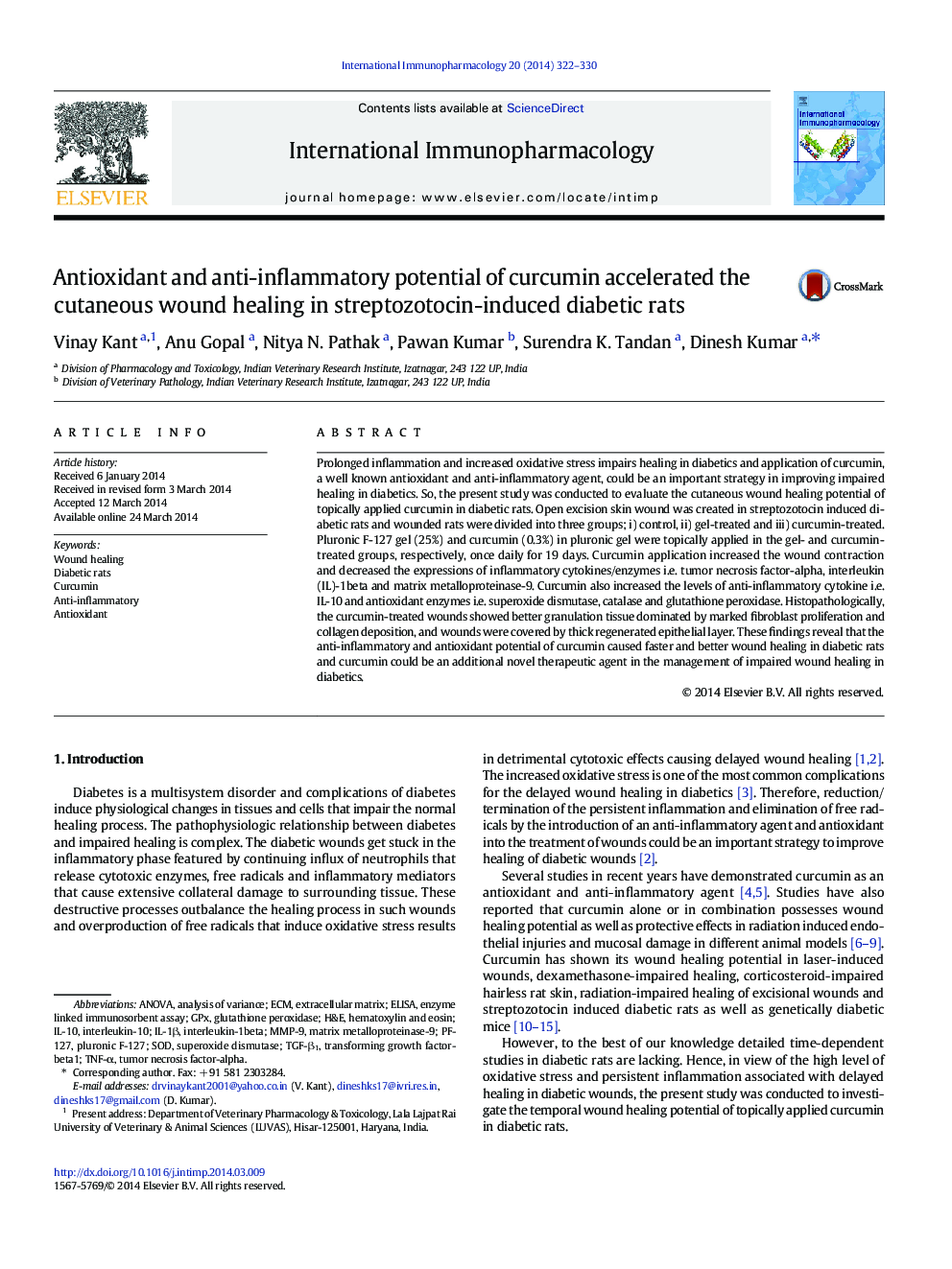 Antioxidant and anti-inflammatory potential of curcumin accelerated the cutaneous wound healing in streptozotocin-induced diabetic rats