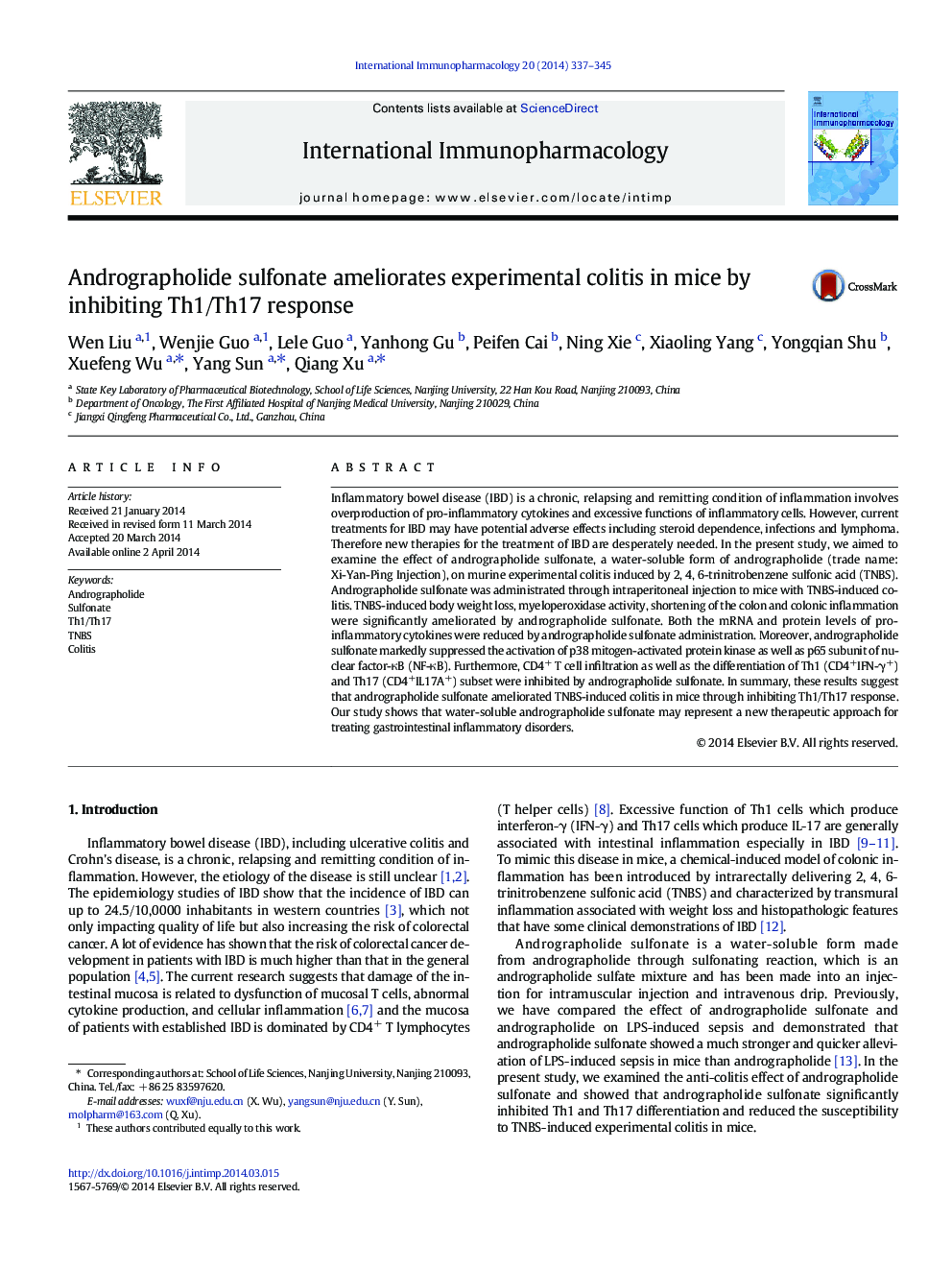 Andrographolide sulfonate ameliorates experimental colitis in mice by inhibiting Th1/Th17 response