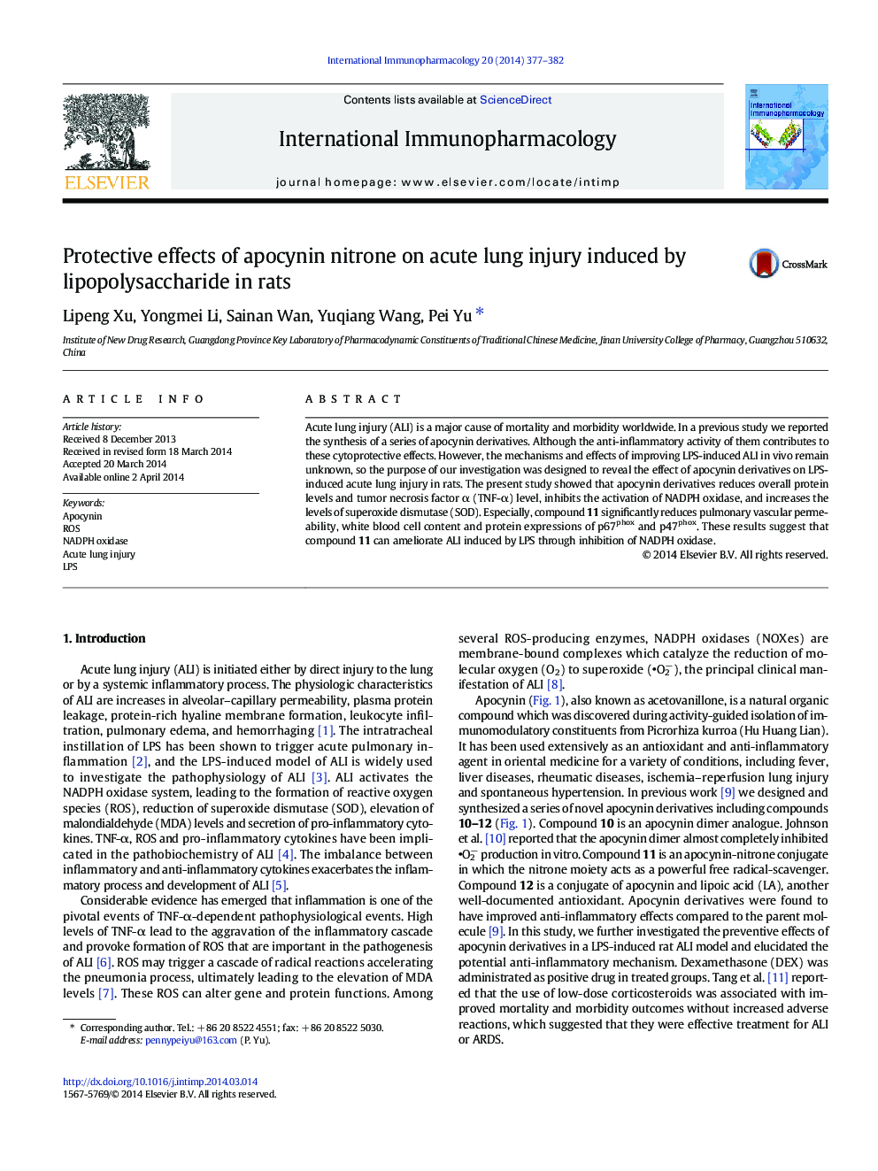 Protective effects of apocynin nitrone on acute lung injury induced by lipopolysaccharide in rats