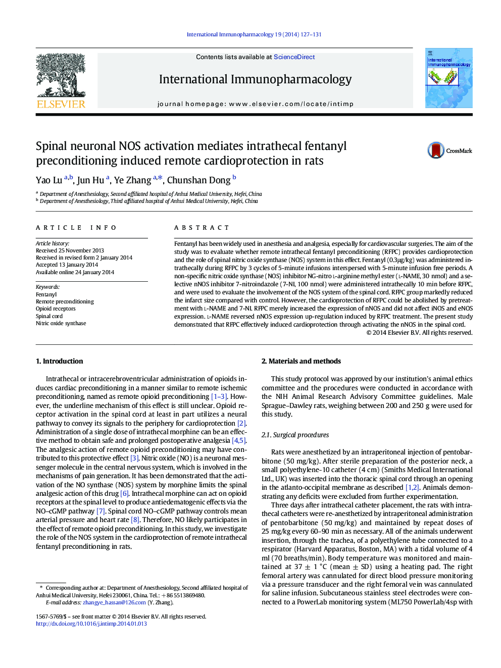 Spinal neuronal NOS activation mediates intrathecal fentanyl preconditioning induced remote cardioprotection in rats