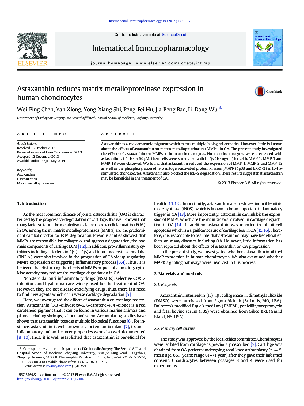 Astaxanthin reduces matrix metalloproteinase expression in human chondrocytes