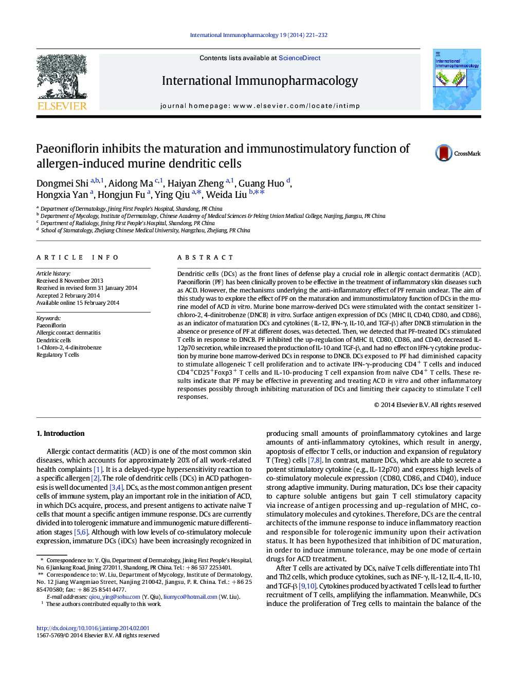 Paeoniflorin inhibits the maturation and immunostimulatory function of allergen-induced murine dendritic cells