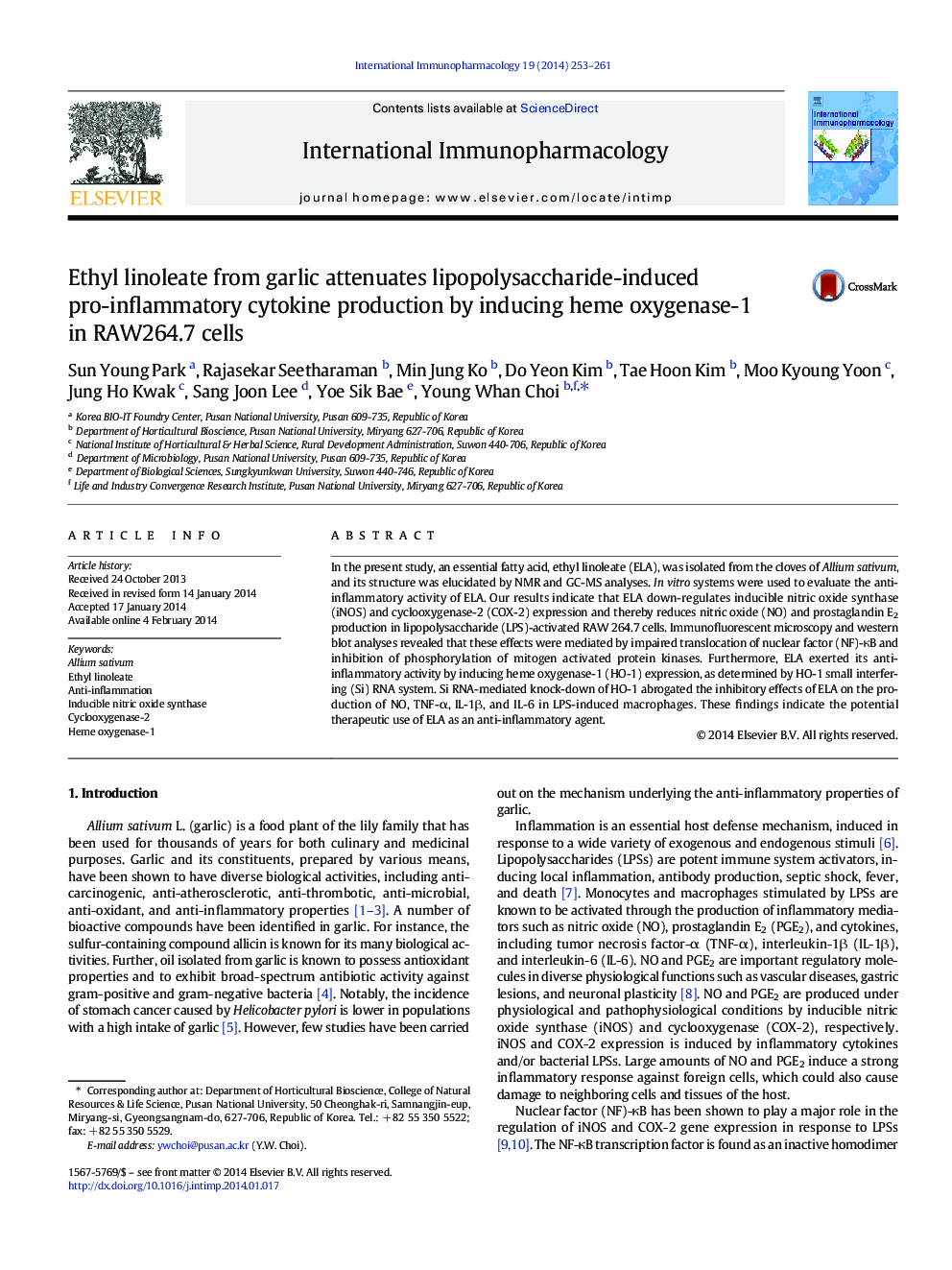 Ethyl linoleate from garlic attenuates lipopolysaccharide-induced pro-inflammatory cytokine production by inducing heme oxygenase-1 in RAW264.7 cells