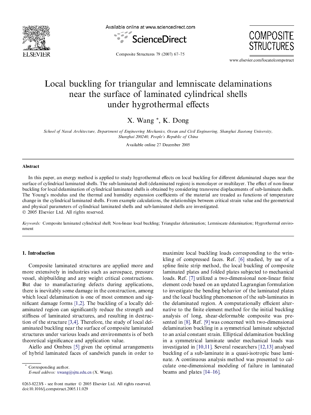 Local buckling for triangular and lemniscate delaminations near the surface of laminated cylindrical shells under hygrothermal effects