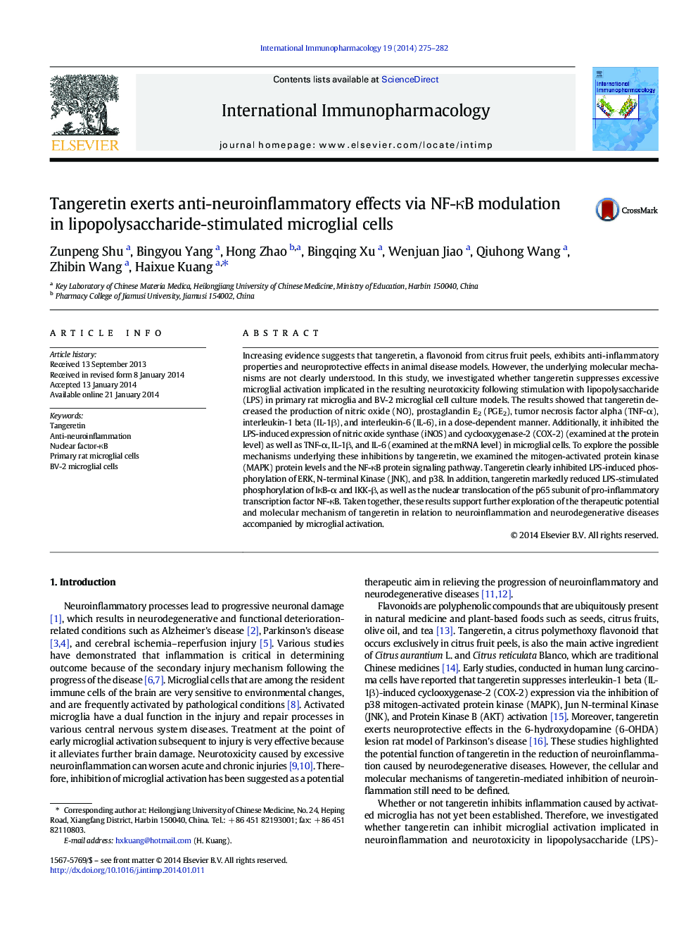 Tangeretin exerts anti-neuroinflammatory effects via NF-κB modulation in lipopolysaccharide-stimulated microglial cells