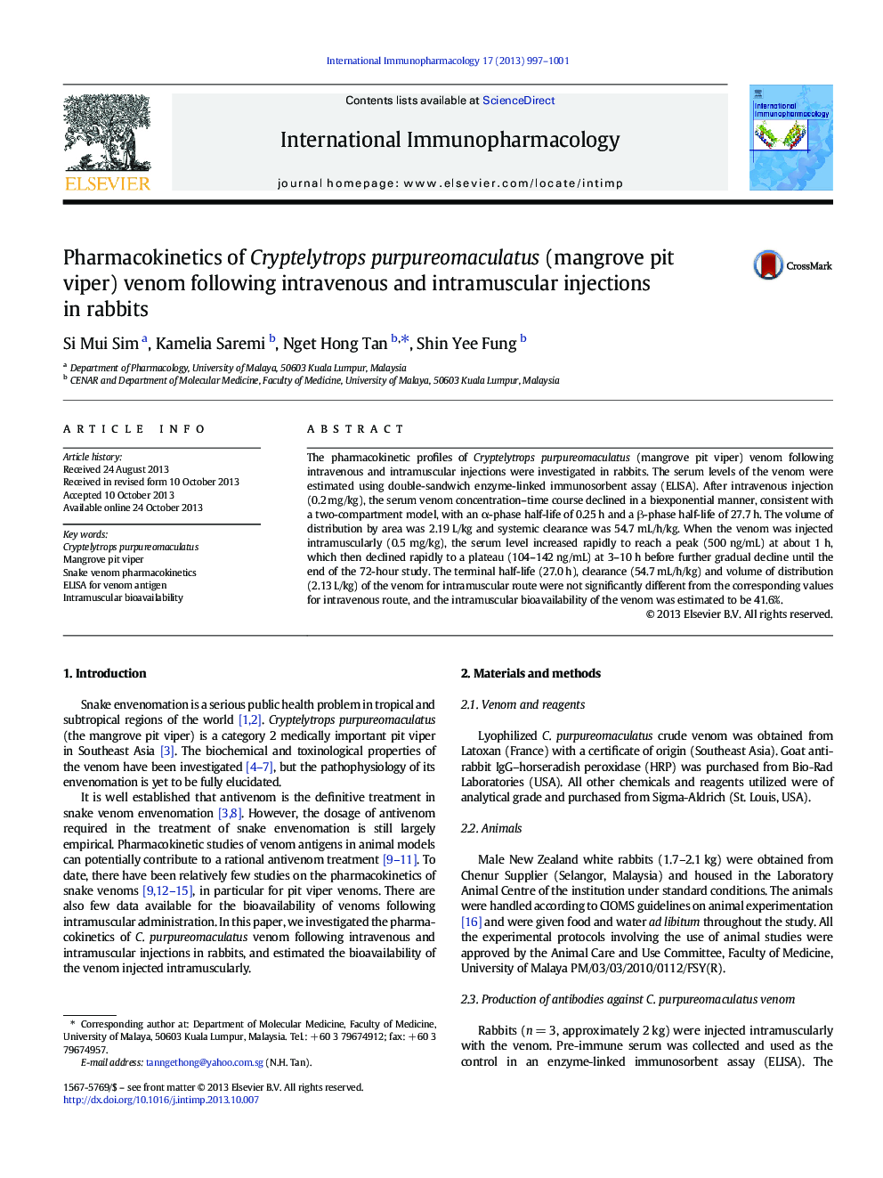 Pharmacokinetics of Cryptelytrops purpureomaculatus (mangrove pit viper) venom following intravenous and intramuscular injections in rabbits