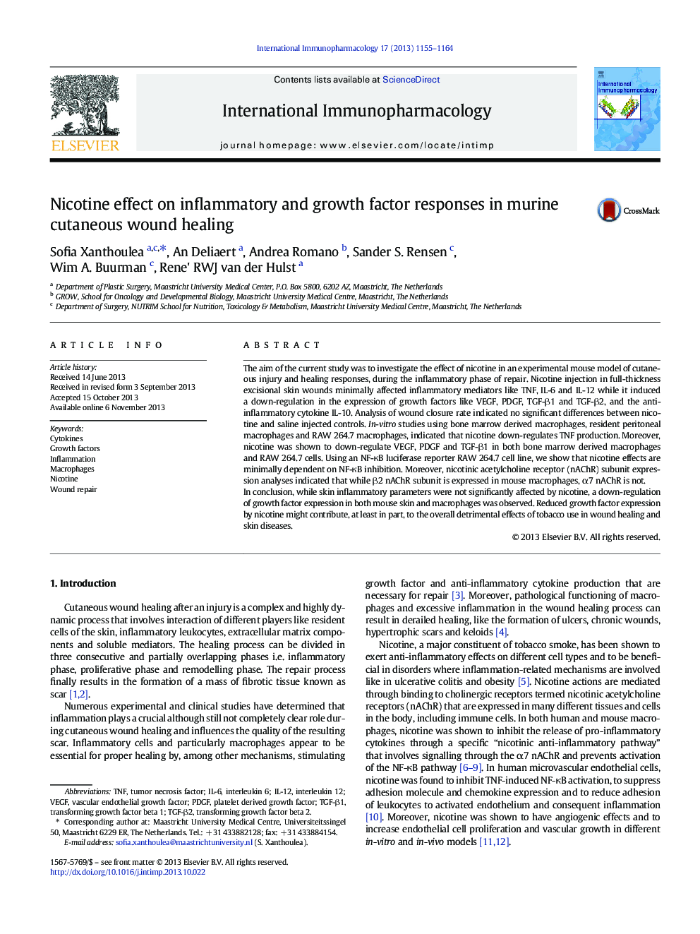 Nicotine effect on inflammatory and growth factor responses in murine cutaneous wound healing