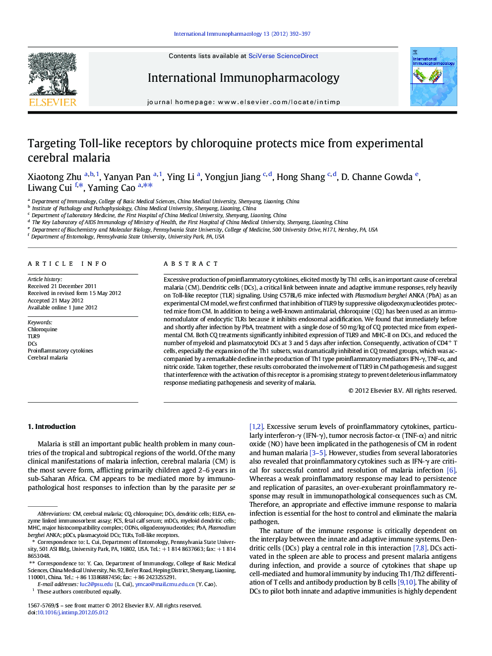 Targeting Toll-like receptors by chloroquine protects mice from experimental cerebral malaria