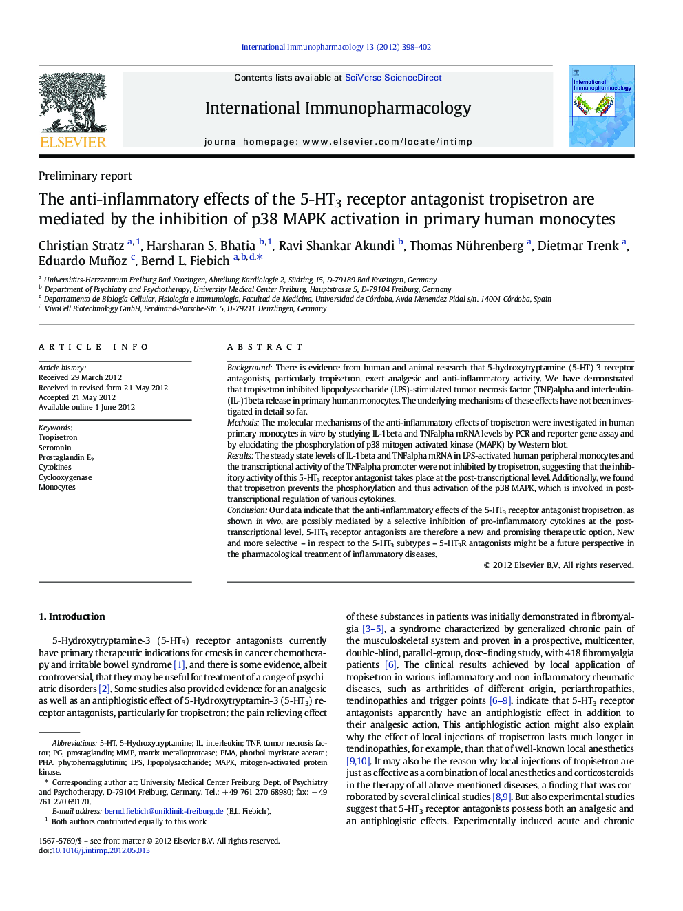 The anti-inflammatory effects of the 5-HT3 receptor antagonist tropisetron are mediated by the inhibition of p38 MAPK activation in primary human monocytes