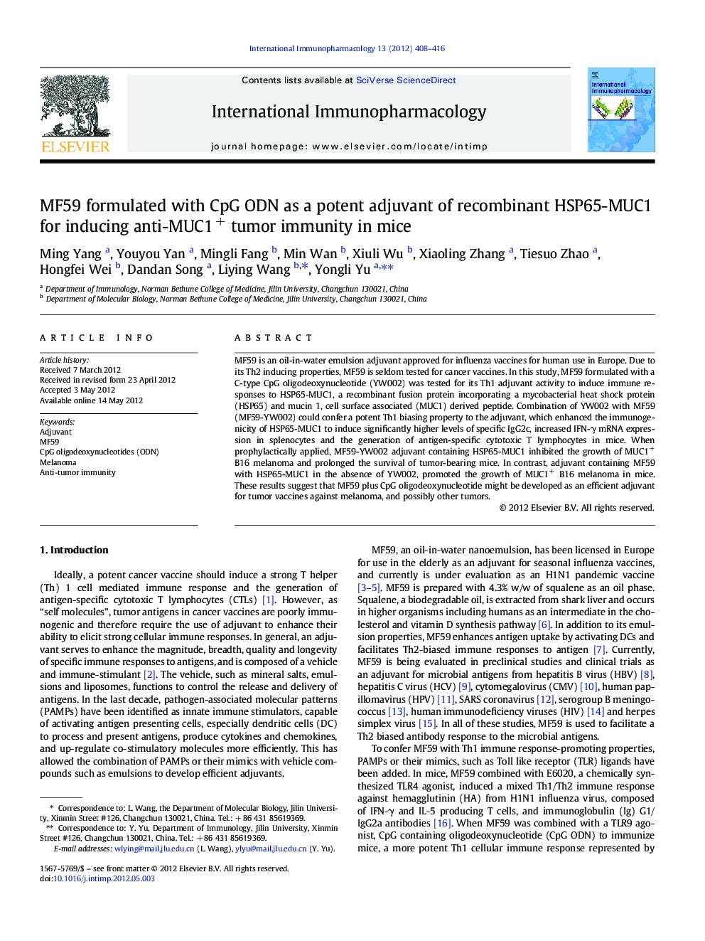 MF59 formulated with CpG ODN as a potent adjuvant of recombinant HSP65-MUC1 for inducing anti-MUC1+ tumor immunity in mice