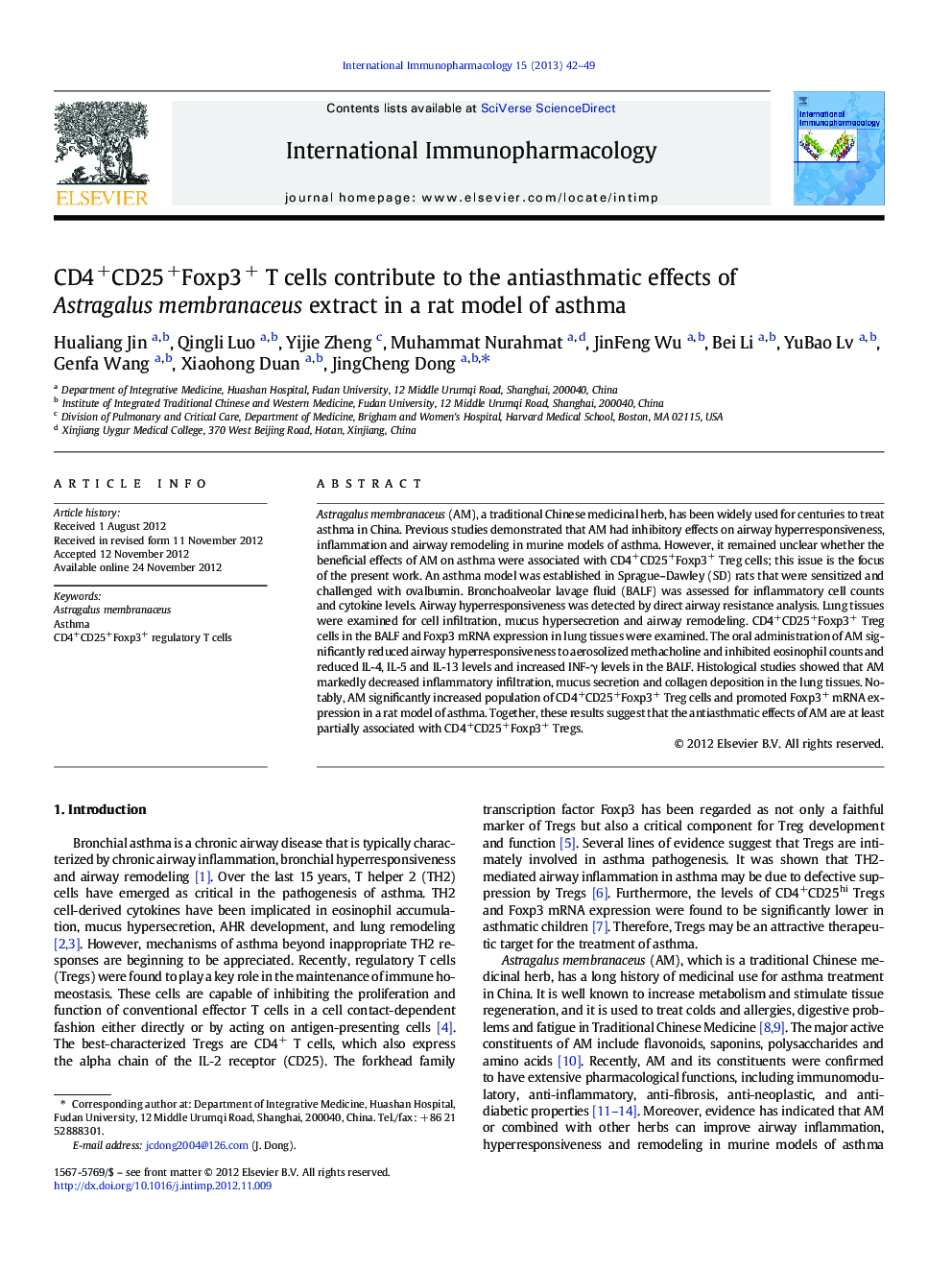 CD4+CD25+Foxp3+ T cells contribute to the antiasthmatic effects of Astragalus membranaceus extract in a rat model of asthma