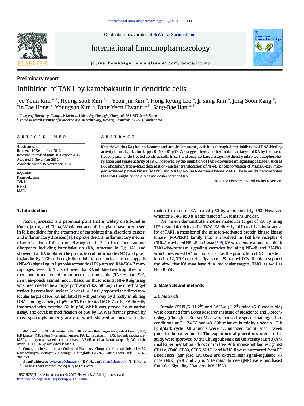 Inhibition of TAK1 by kamebakaurin in dendritic cells