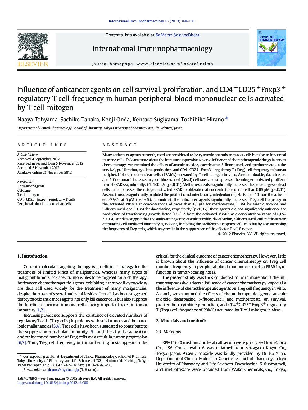 Influence of anticancer agents on cell survival, proliferation, and CD4+CD25+Foxp3+ regulatory T cell-frequency in human peripheral-blood mononuclear cells activated by T cell-mitogen