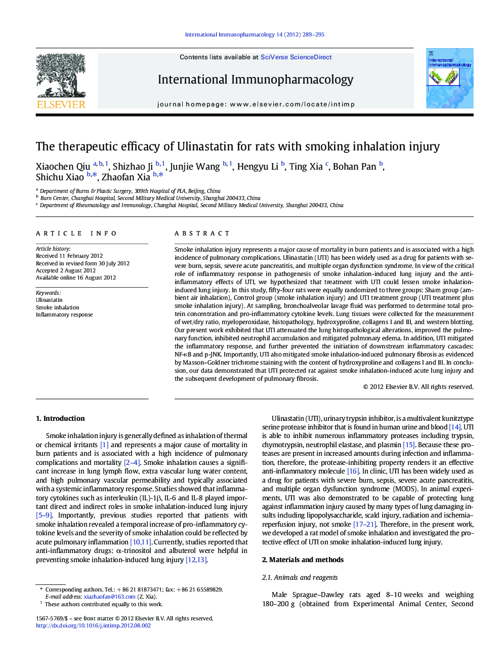 The therapeutic efficacy of Ulinastatin for rats with smoking inhalation injury