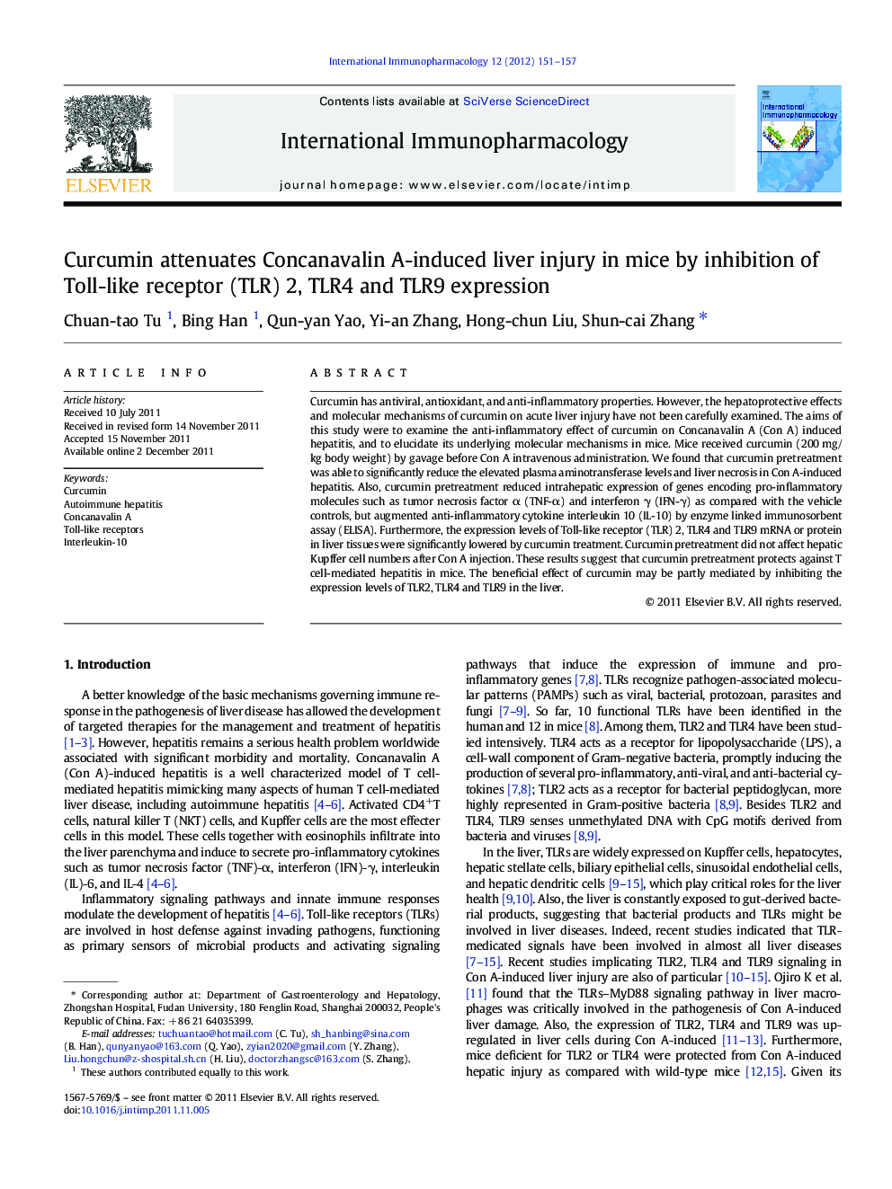 Curcumin attenuates Concanavalin A-induced liver injury in mice by inhibition of Toll-like receptor (TLR) 2, TLR4 and TLR9 expression